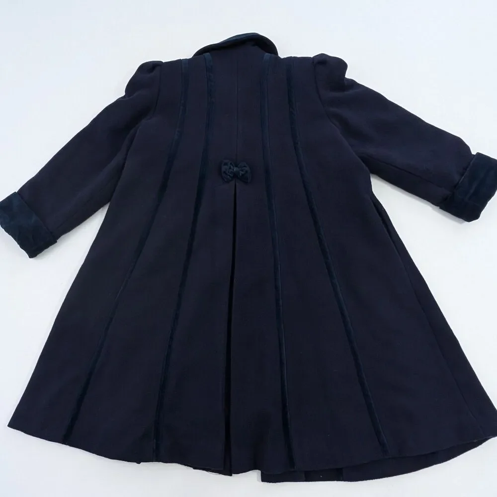 Vintage Rothschild Pea Coat Girls 10 Navy Blue Wool Dress Velvet Collar Overcoat